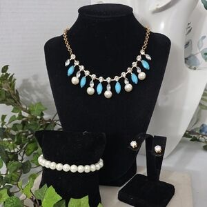 Dressy Aqua Pearl Necklace Glass Pearl Bracelet and CZ Stud Earrings Set